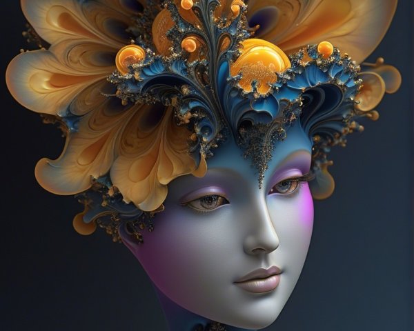 Surreal Ethereal Figure with Floral Patterns in Blue