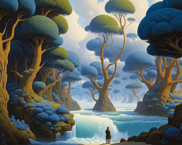 Serene Landscape with Oversized Trees and Waterfalls