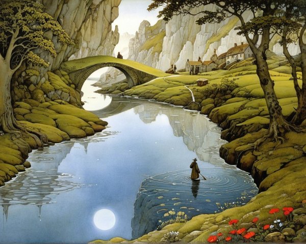 Tranquil River Landscape with Stone Bridge and Cottages