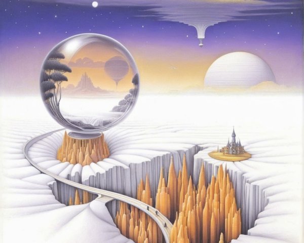 Surreal Landscape with Glass Orb and Mountain Castle