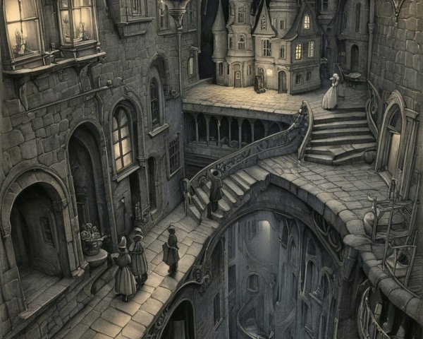 Fantasy Cityscape with Winding Streets and Lanterns