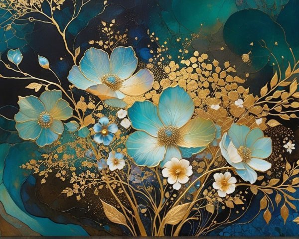 Abstract Artwork with Teal and Gold Floral Elements