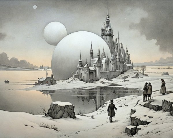 Majestic Castle by Frozen Lake in Serene Landscape