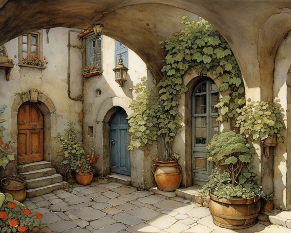 Serene courtyard with rustic arches and greenery