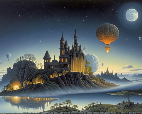 Mystical Castle on Rocky Island Under Moonlight