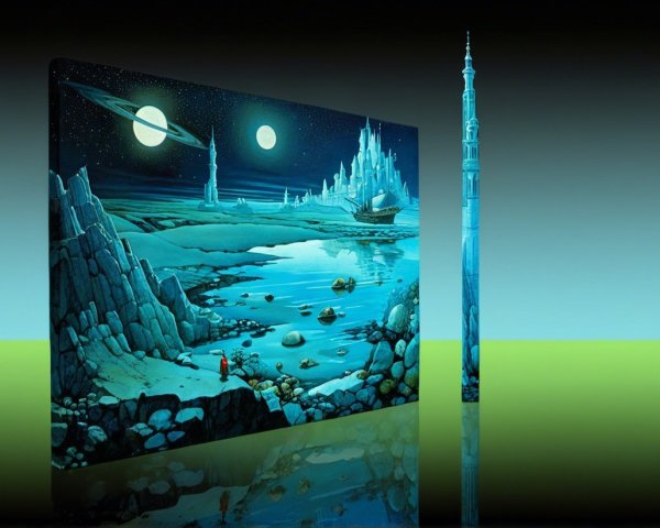 Surreal Landscape with Ice Formations and Moons