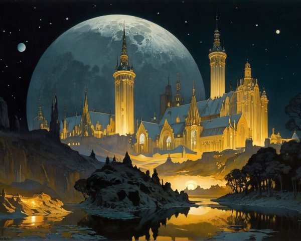 Illuminated Castle Under Moonlight and Starry Sky