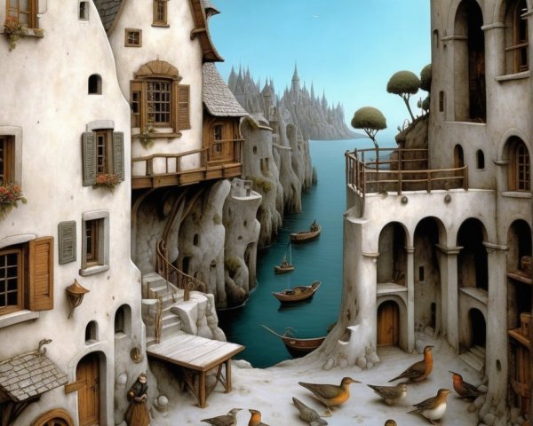 Whimsical Harbor with Unique Artistically Designed Houses