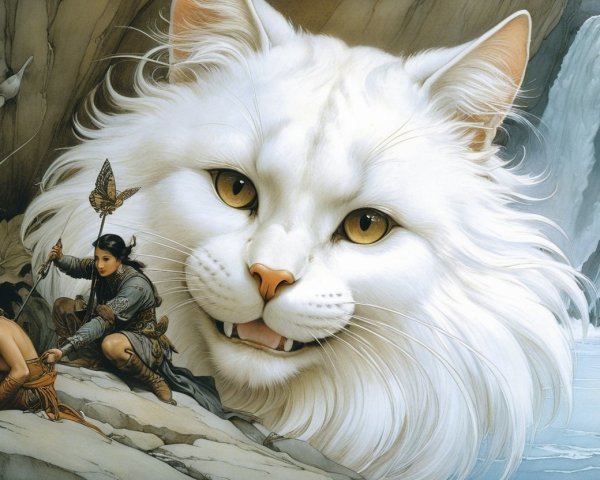 Majestic White Cat in Serene Landscape with Figures
