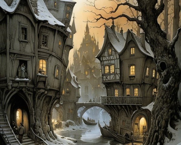 Whimsical Snow-Covered Village with Fairy-Tale Houses