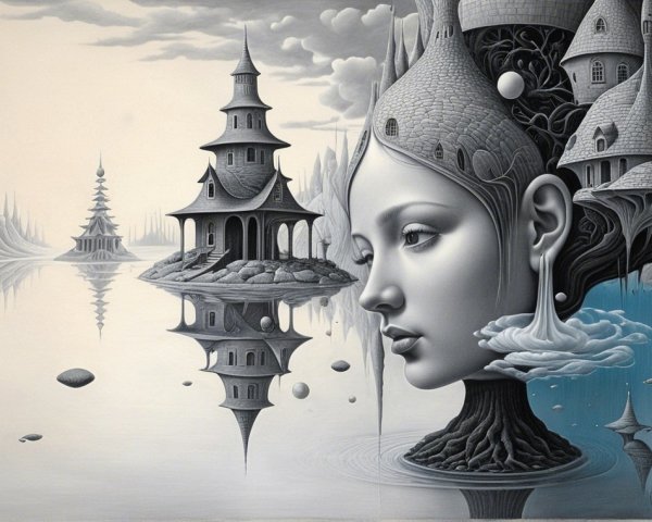 Surreal Landscape with Woman and Fantastical Structures