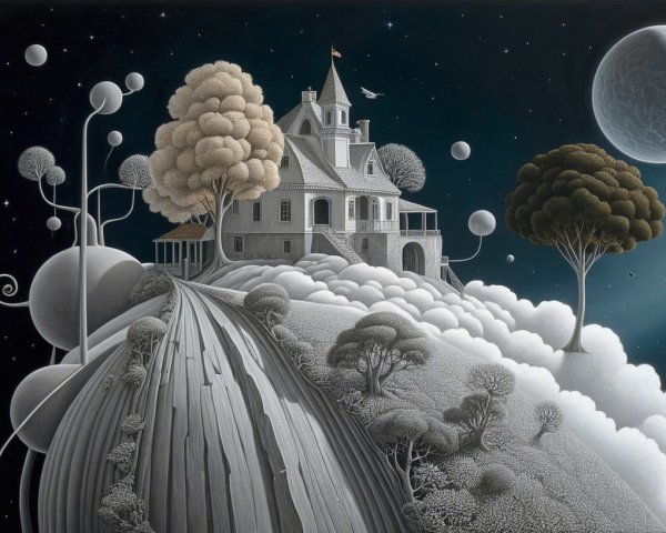 Surreal Victorian House on Cloud-Covered Hill
