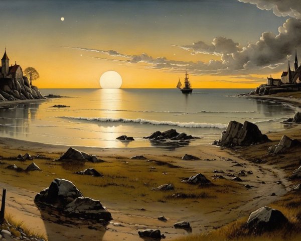 Serene Coastal Landscape at Sunset with Distant Ship