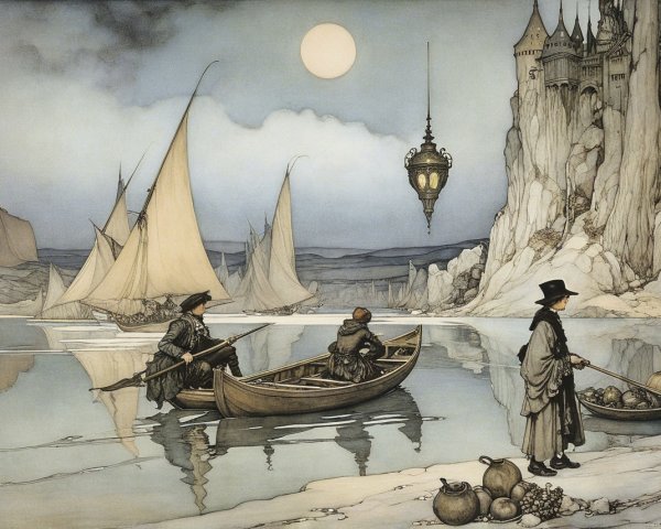 Serene Watercolor Landscape with Boat and Castle
