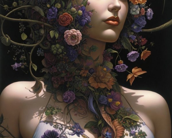 Woman Surrounded by Flowers and Foliage in Harmony