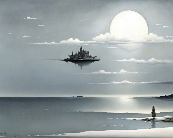 Serene Landscape with Ocean and Floating Castle