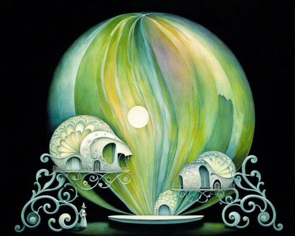Surreal Landscape with Abstract Green Orb and Shells