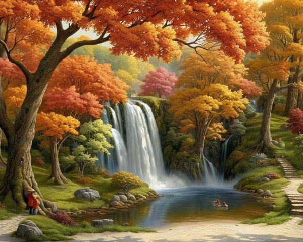 Vibrant Autumn Landscape with Waterfall and Pool
