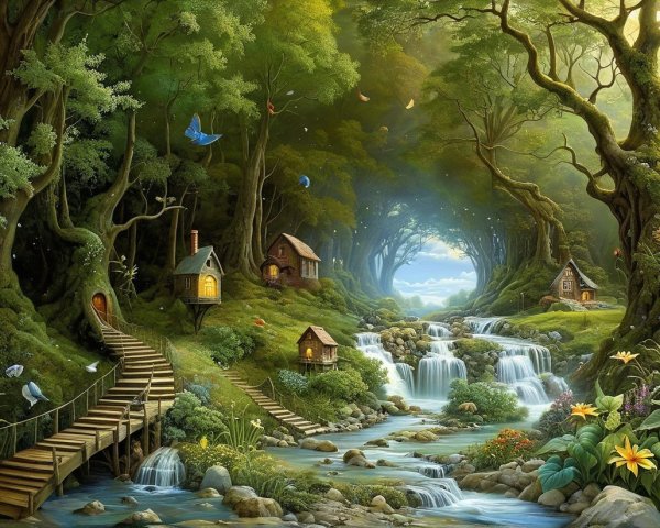 Whimsical Fantasy Landscape with Lush Greenery