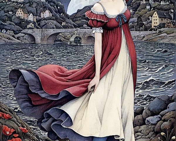 Young woman in red dress by serene river with castles