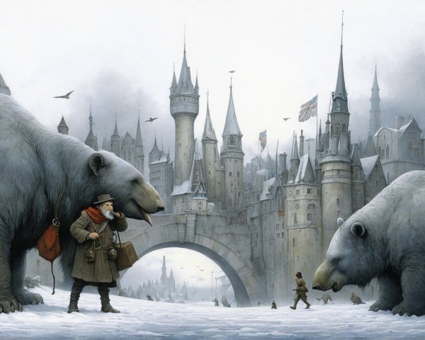 Whimsical Scene of Polar Bears and Enchanted Castle