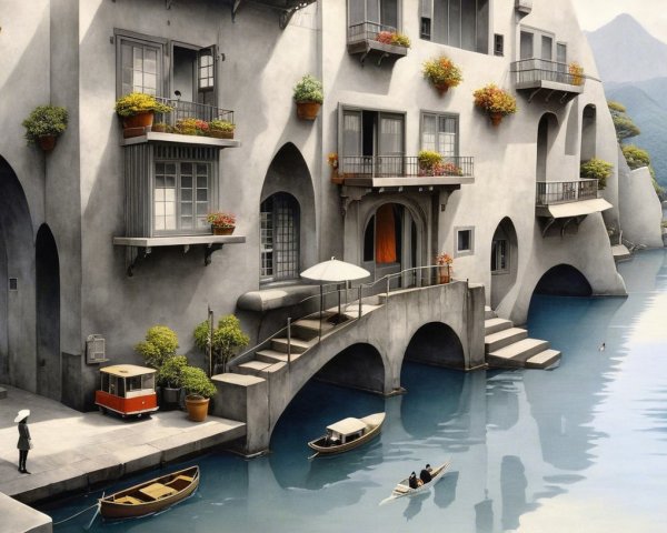 Serene Waterfront Scene with Unique Architecture