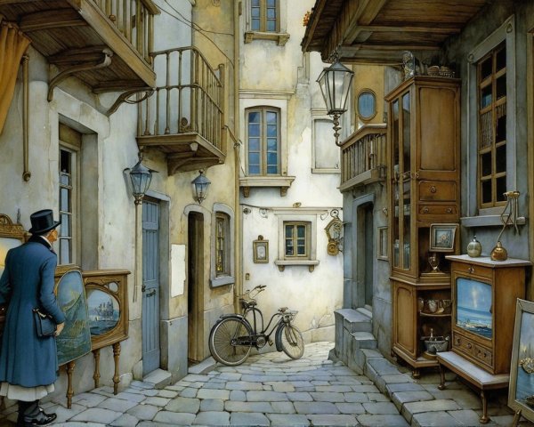 Charming Cobblestone Alley with Art and Vintage Decor