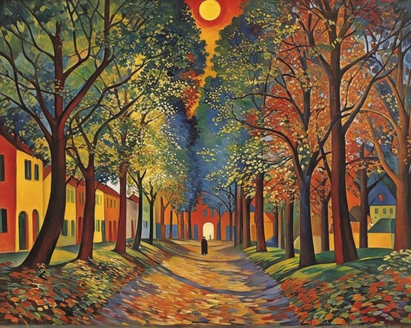 Vibrant Autumn Landscape with Winding Path and Houses