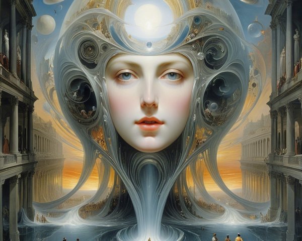 Surreal Female Face in Mystical Architectural Scene