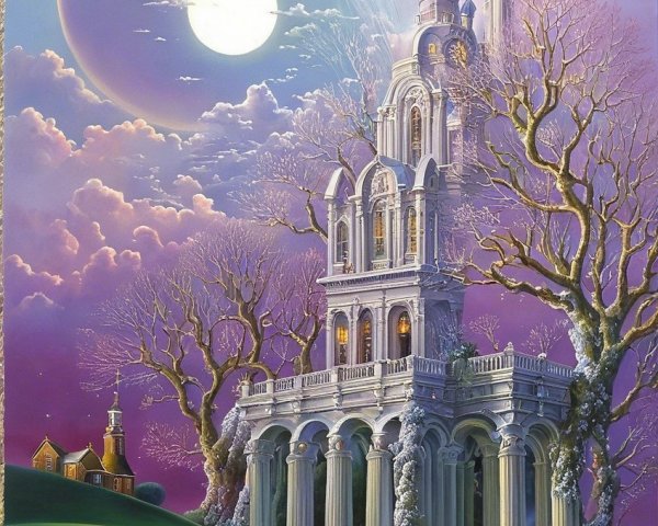 Grand Castle on Hillside Under Twilight Sky