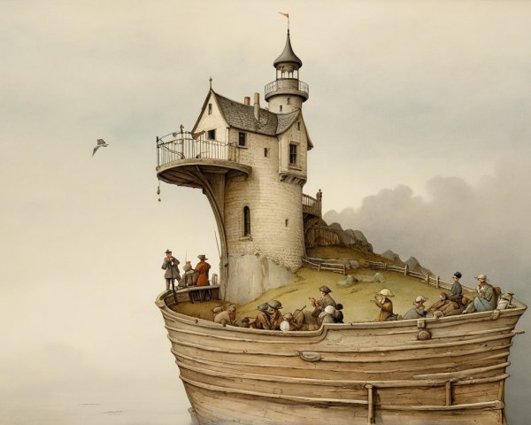 Floating Castle Boat with Turret on Calm Waters