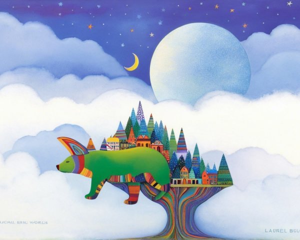 Whimsical Tree with Colorful Houses and Bear