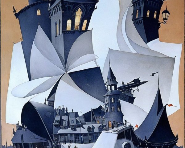 Whimsical Landscape with Towers and Vintage Figures