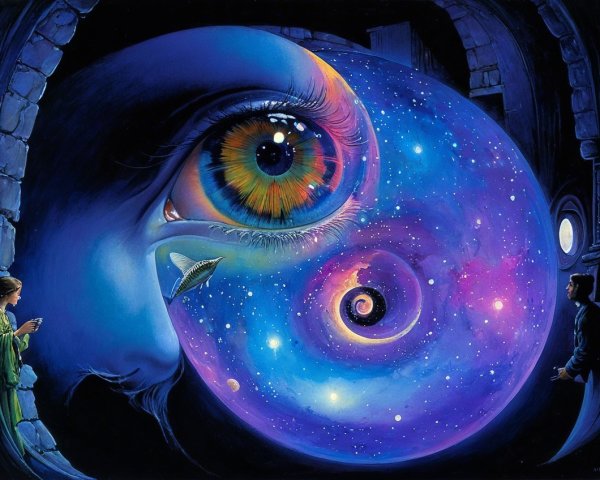 Surreal Scene with Giant Eye Reflecting Galaxy