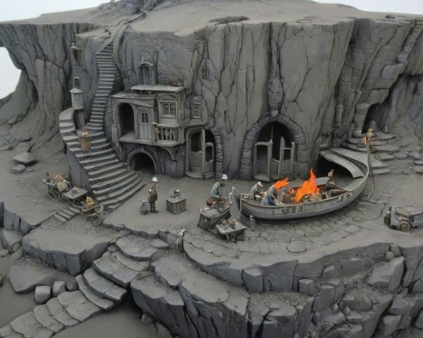 Miniature Landscape with Cliffside Village in Gray Tones