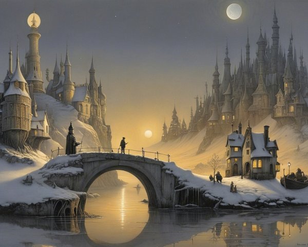 Snowy Winter Landscape with Towers and Calm River