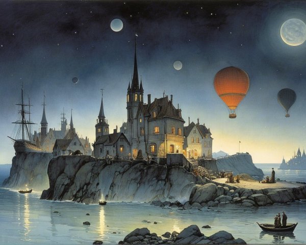 Twilight Coastal Village with Hot Air Balloons and Moon