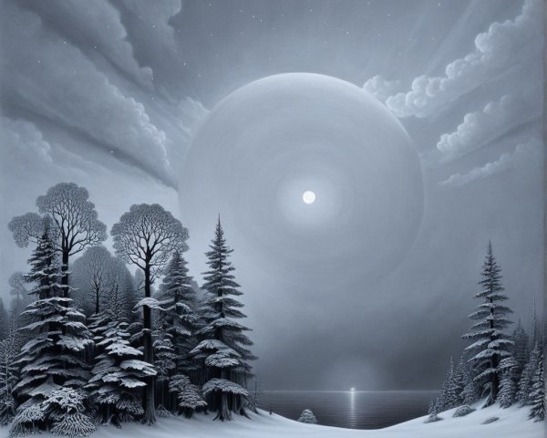 Monochrome Winter Landscape with Snow-Covered Pines