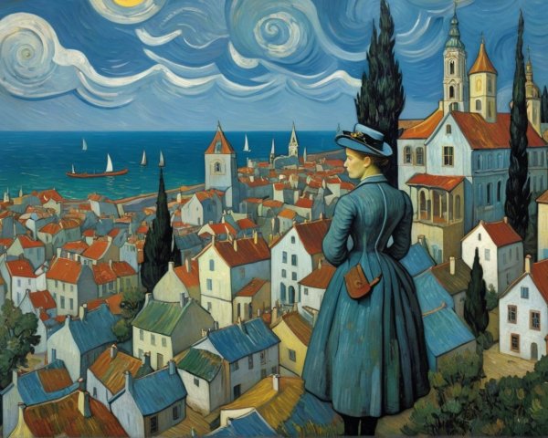 Woman in Blue Dress Overlooking Coastal Town Landscape