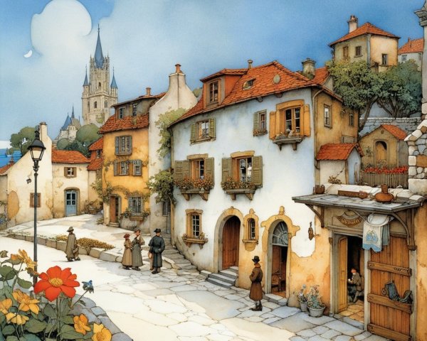 Charming Village with Colorful Houses and Castle Tower