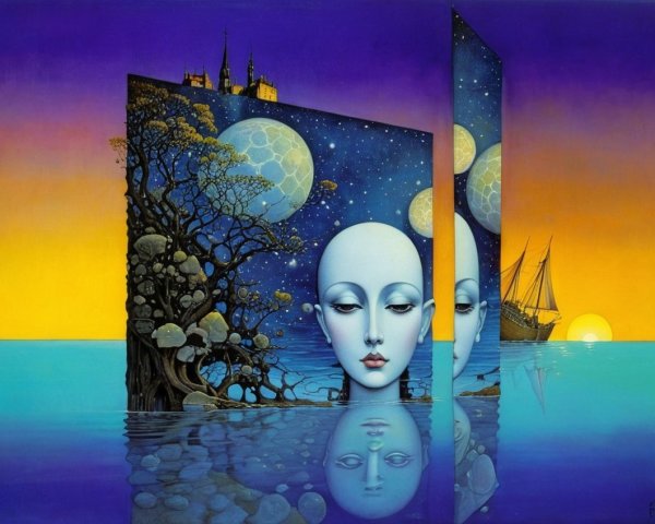 Ethereal Face Reflection in a Dreamlike Landscape