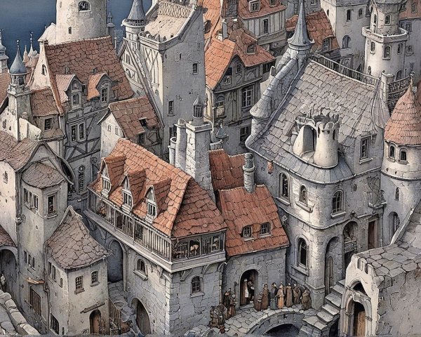 Medieval Town with Charming Stone Buildings and Streets