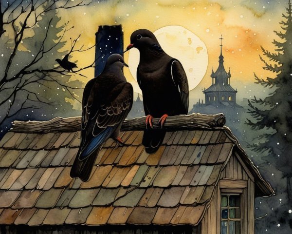 Dark Pigeons on Rustic Rooftop Under Full Moon