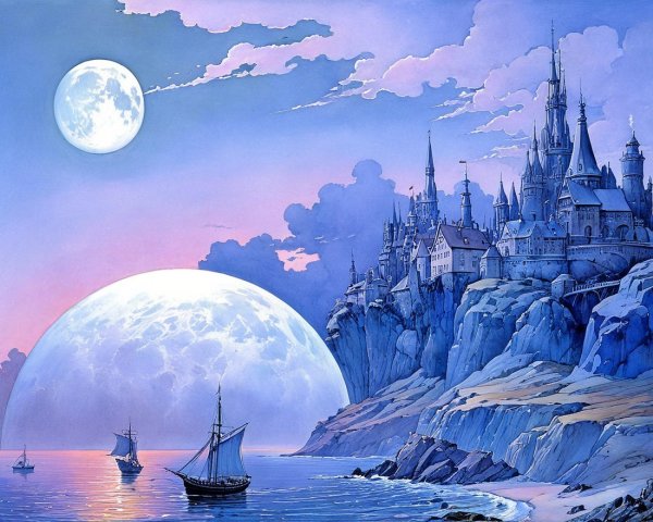 Mystical Seascape with Castle and Sailboat at Night