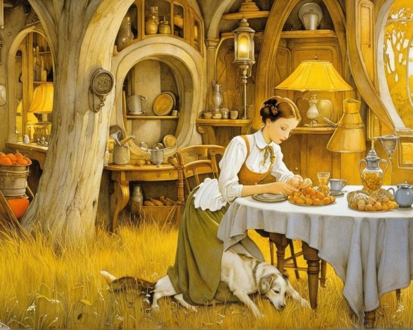Cozy Cottage Scene with Woman and Dog in Sunlight