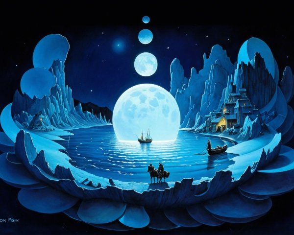 Surreal Landscape with Water, Mountains, and Moon