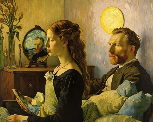 Woman in Bed with Mirror Reflecting a Man