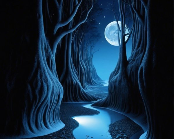 Moonlit Forest with River and Starry Sky