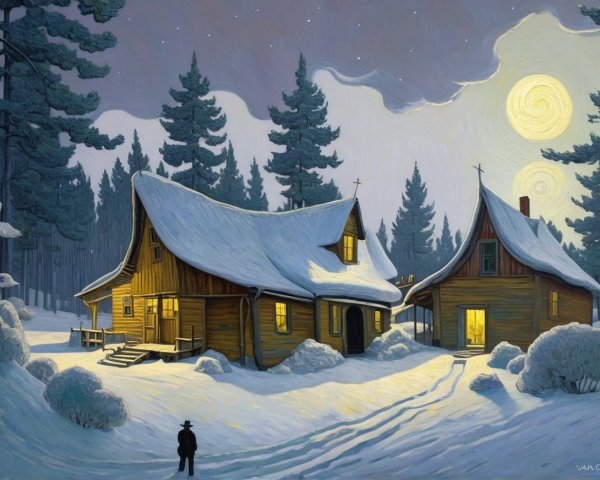 Winter Landscape with Cabins and Starry Sky