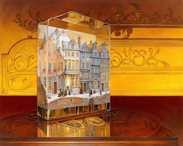 Translucent Block Depicting Winter Scene with Houses